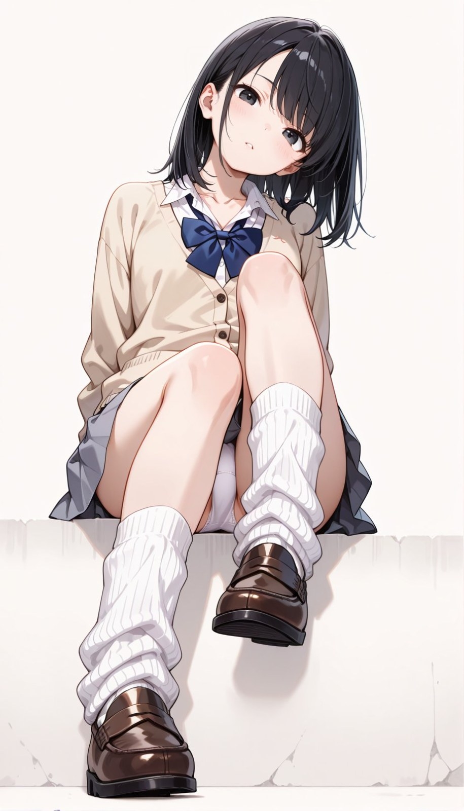 黒髪の少女がベージュのカーディガンとグレーのスカートで白い台に座る