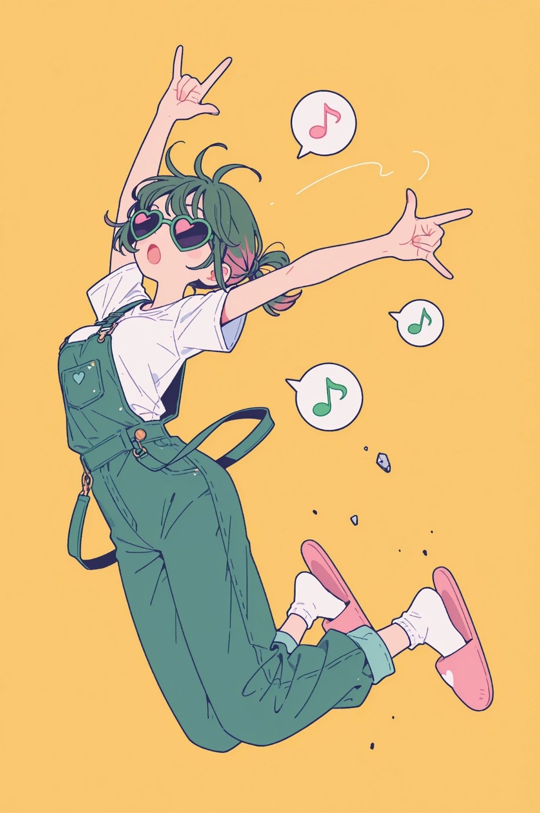 A green-haired girl jumps in the air wearing a white t-shirt and green suspenders showing a rock gesture