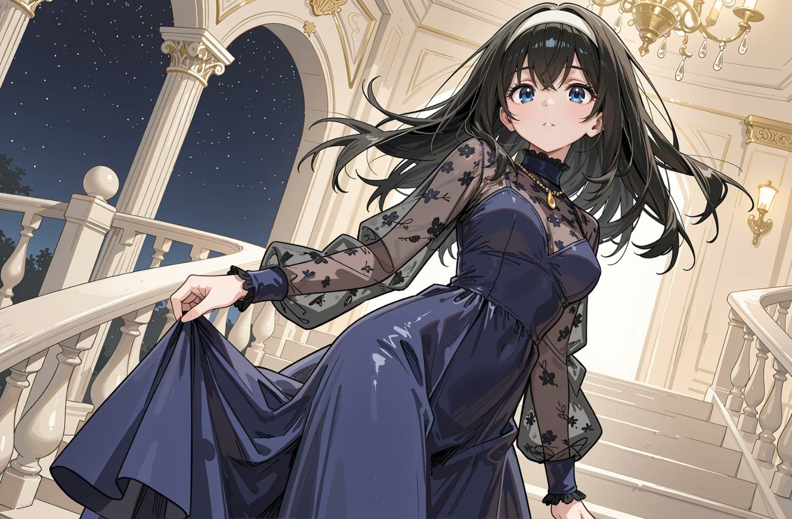 Chica anime de pelo negro largo con vestido de seda azul en terraza europea
