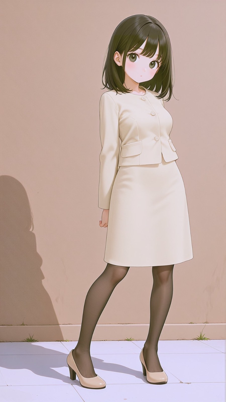 Femme anime aux cheveux noirs en veste et jupe crème devant un mur