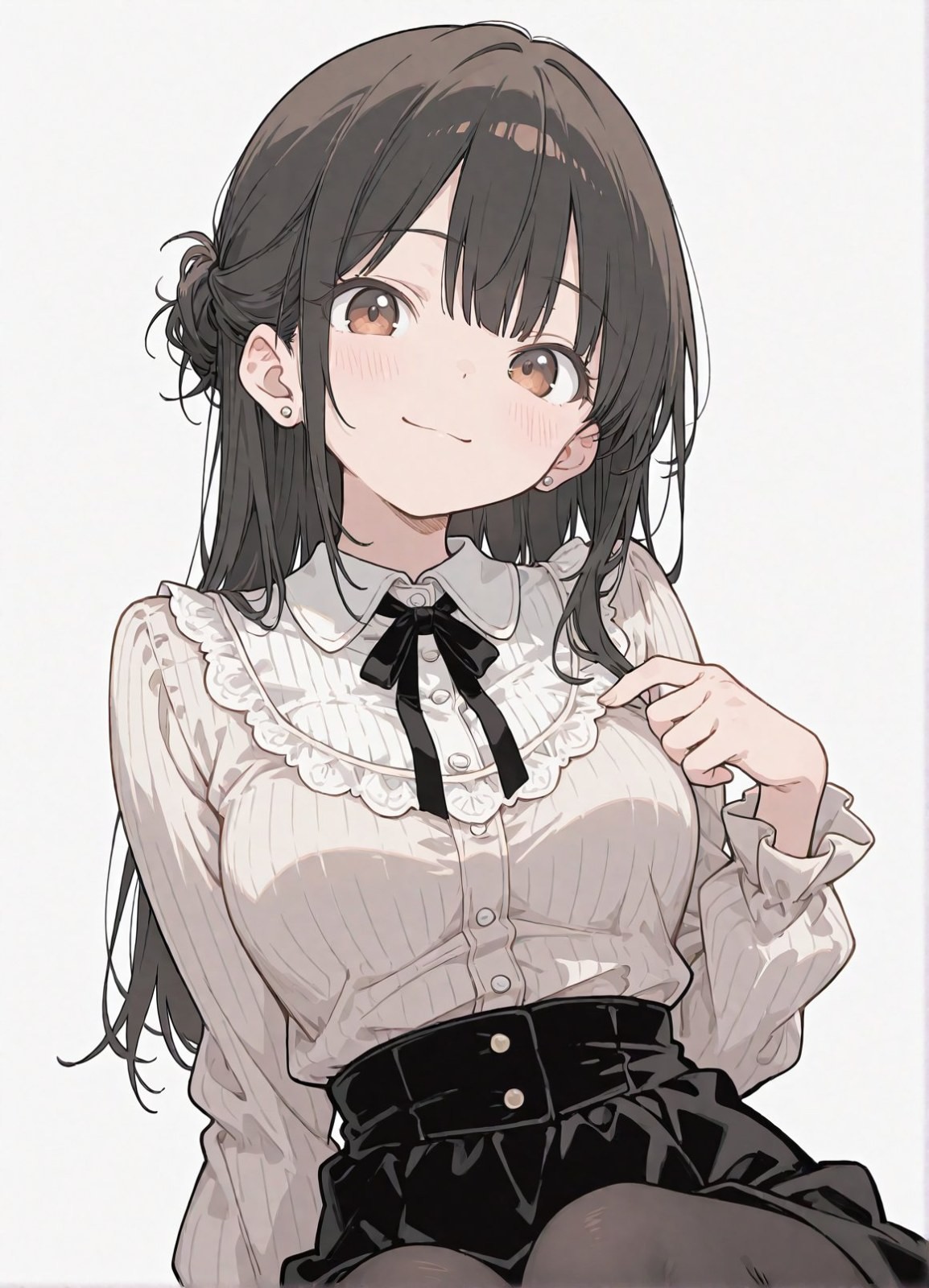 Chica anime de pelo oscuro lleva camisa de rayas gris claro y falda negra