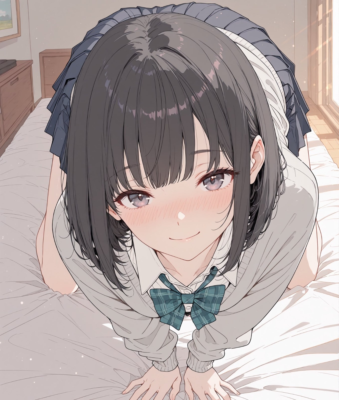 黑色短发少女穿校服跪趴床上