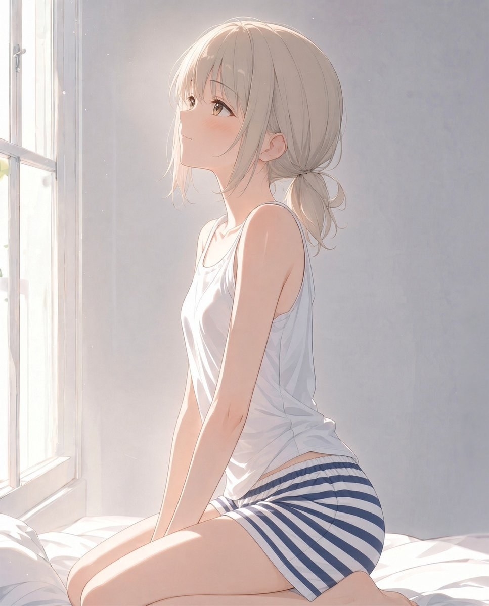 Jeune fille blonde claire assise sur le lit regardant par la fenêtre