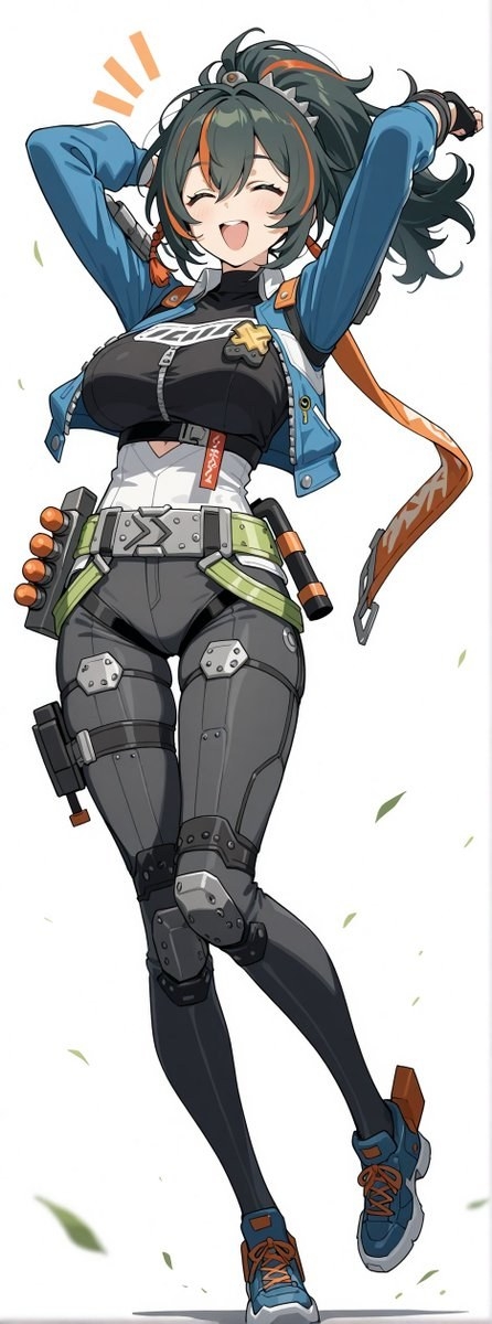 Femme anime à queue-de-cheval haute foncée et mèches orange rit joyeusement en veste bleue style techwear