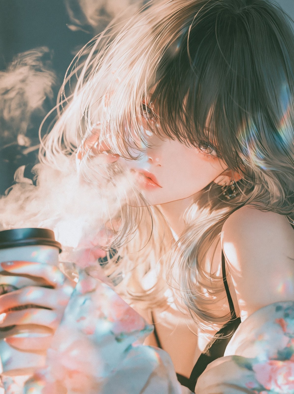 A girl holding a warm drink showcases a dreamy illustration style