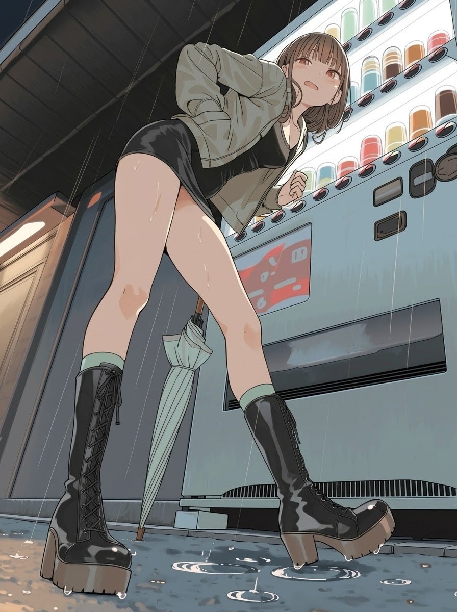 A short-haired girl stands by a vending machine on a rainy night