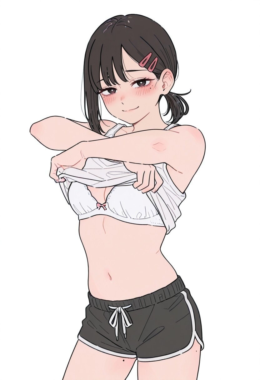 Chica anime de pelo negro corto con camiseta blanca y shorts negros