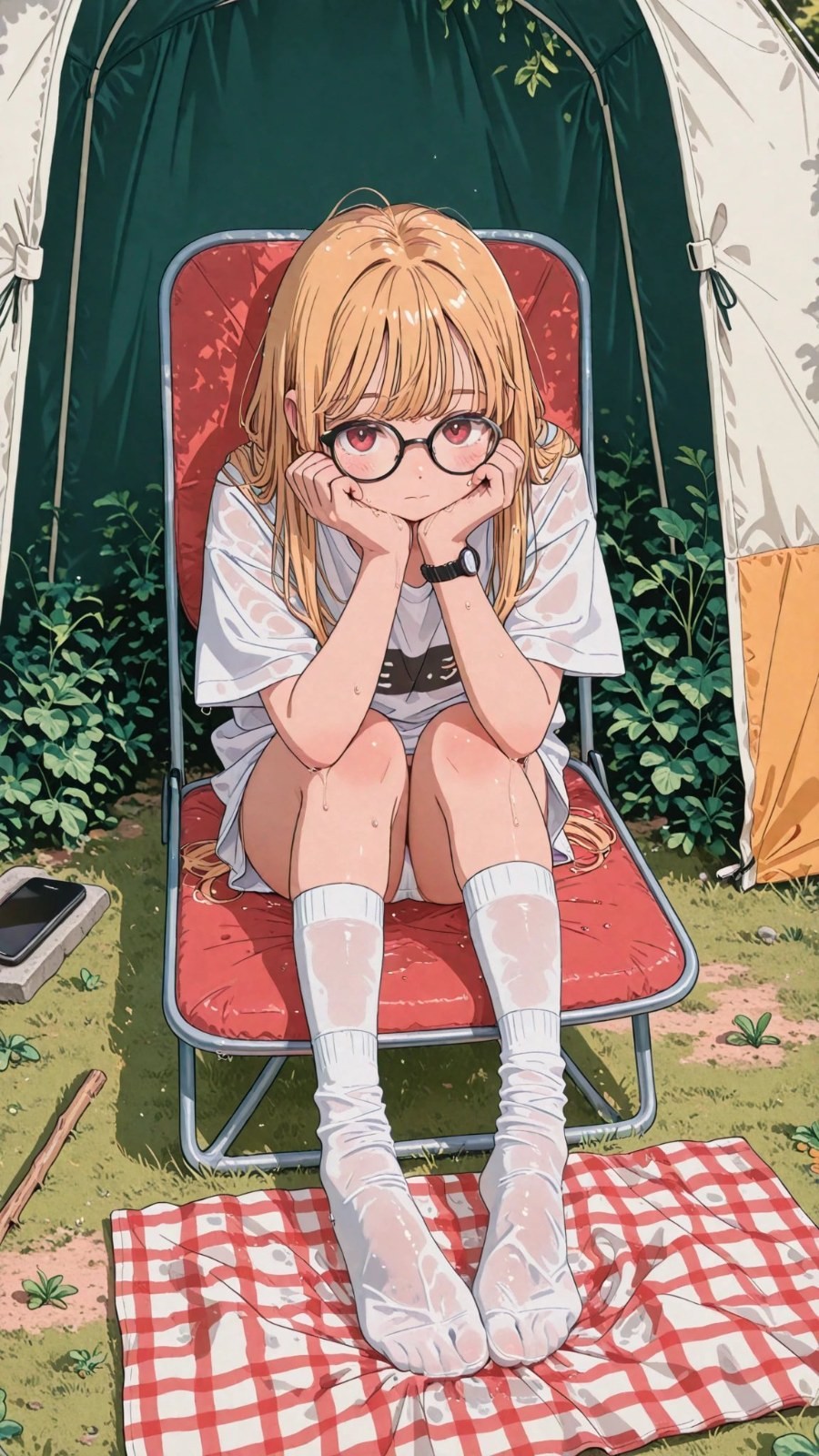 Blonde girl in glasses sits on folding chair wearing white T-shirt and socks on picnic mat