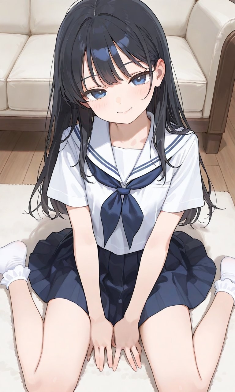 Black-haired blue-eyed girl in white sailor suit sits on rug