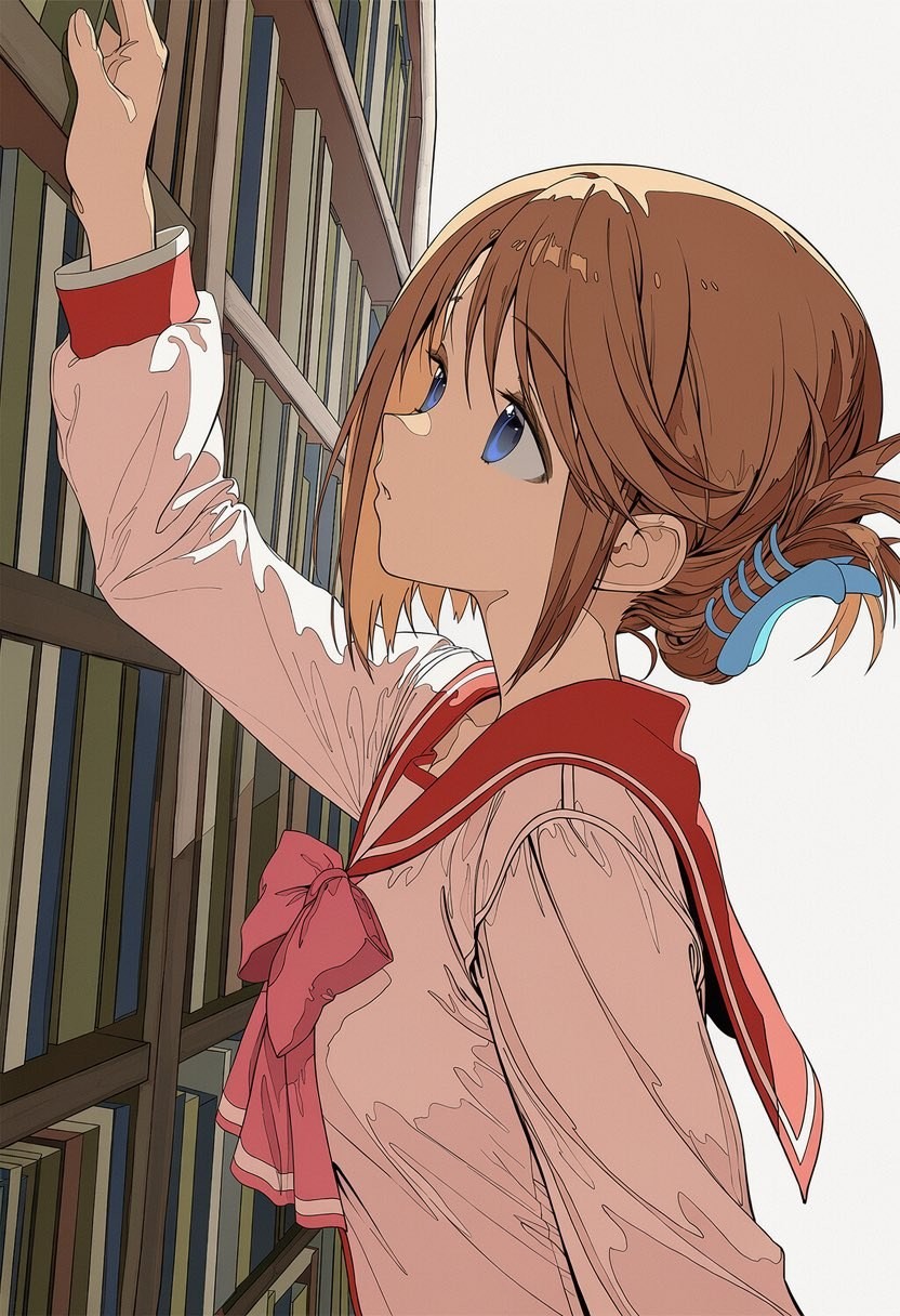 棕髮少女穿淡粉水手服在書架前取書