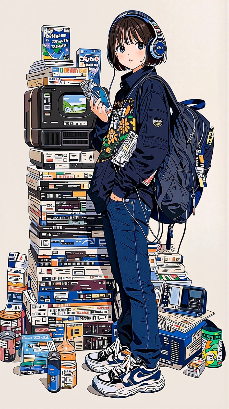 Kurthaariges Mädchen in dunkelblauer Jacke und schwarzem Rucksack hält Kassette bei Retro-Elektronik