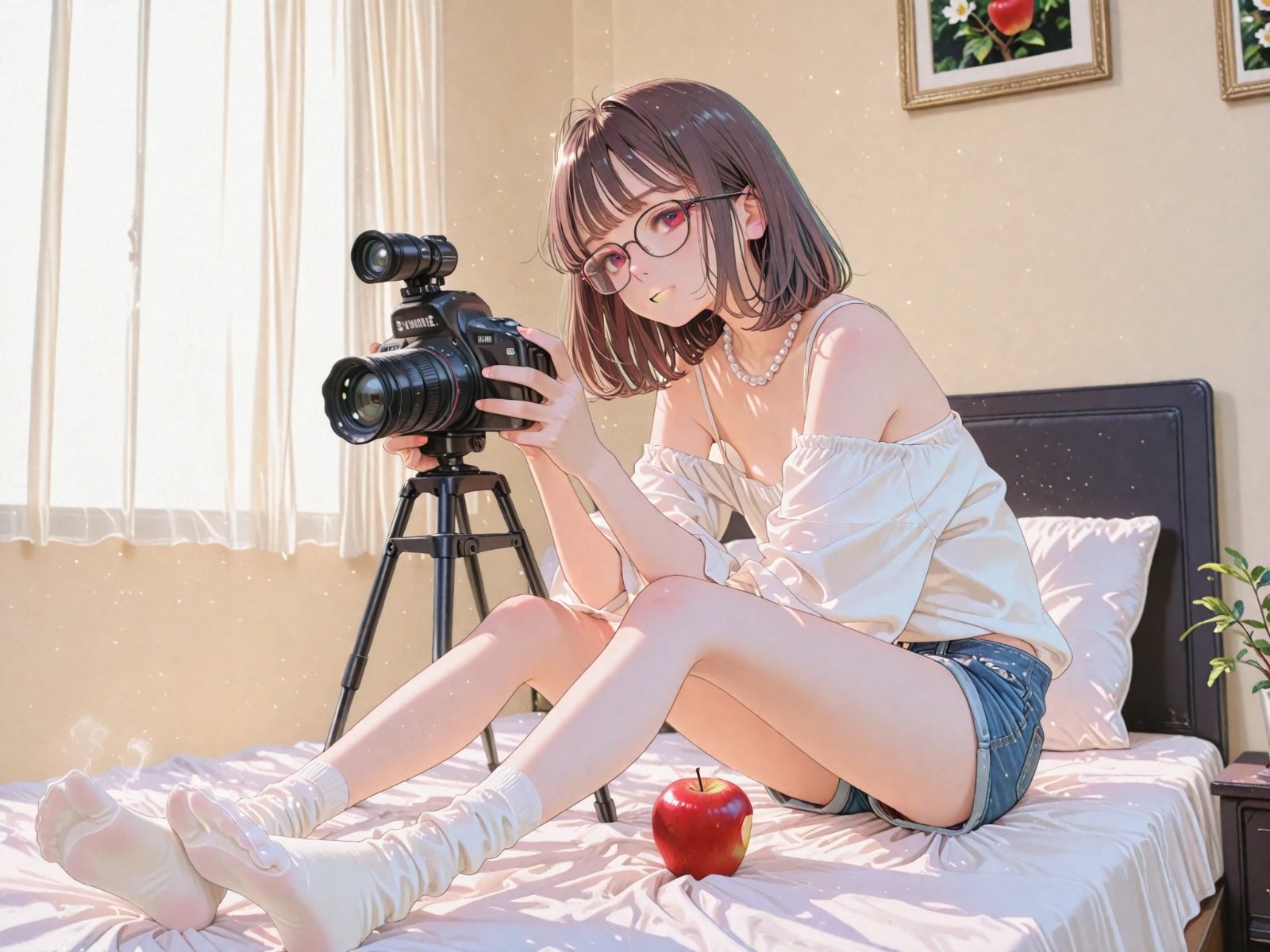 Braunhaariges Mädchen mit Brille in weißem Off-Shoulder-Top und Jeansshorts sitzt auf dem Bett und stellt Kamera ein