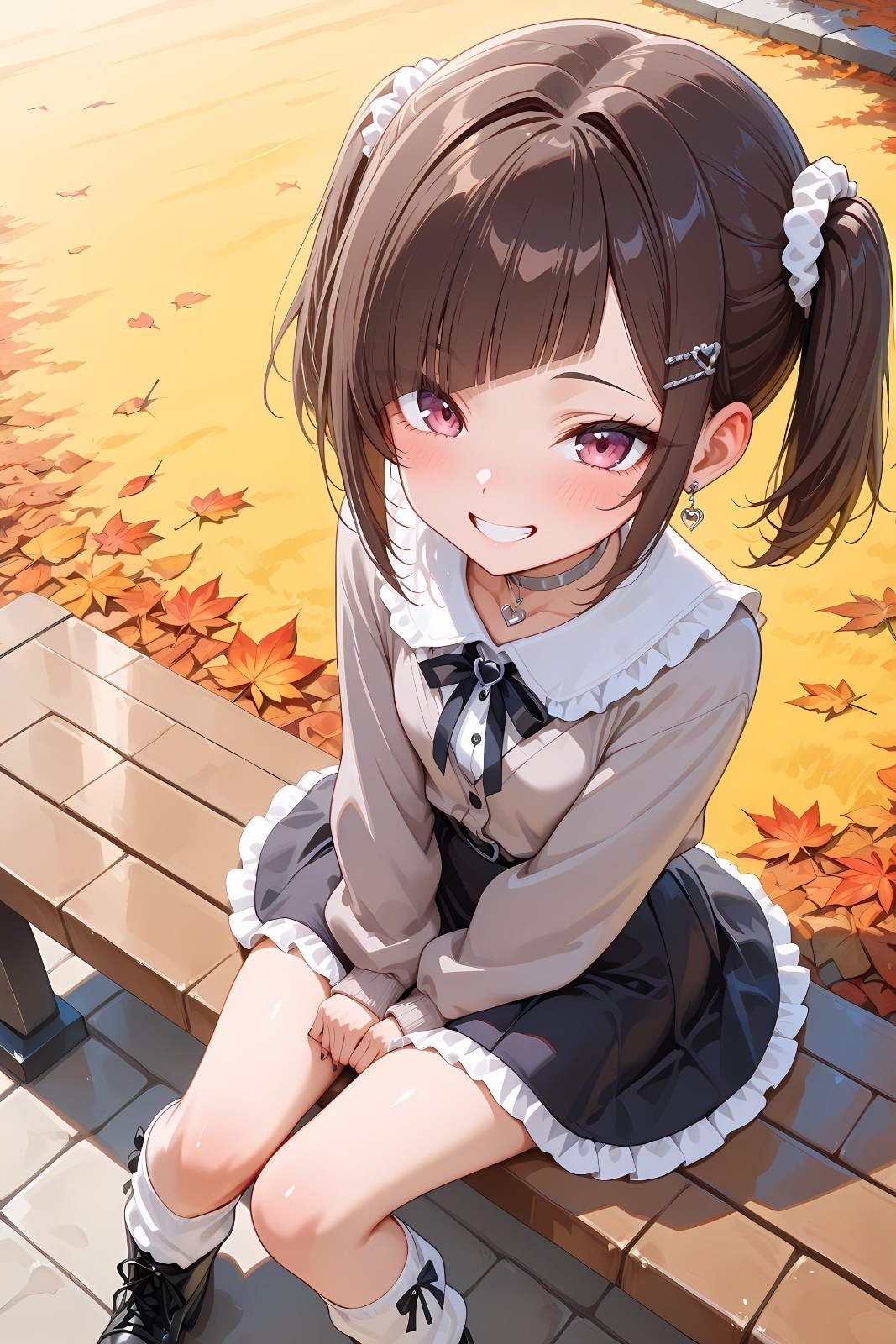 棕色雙馬尾少女在秋日公園長椅仰望微笑