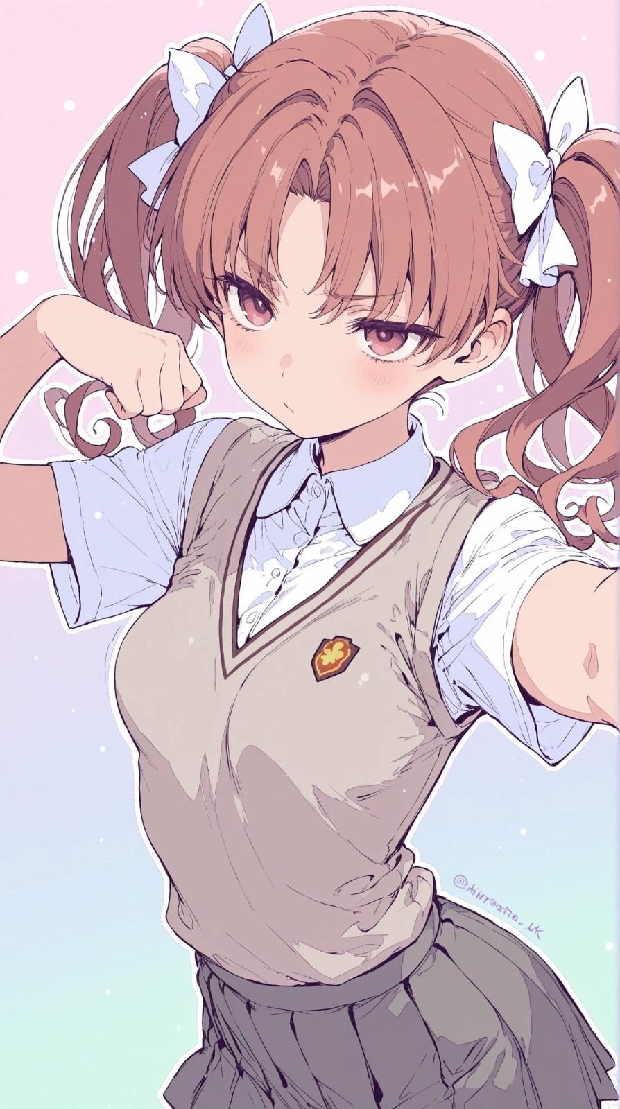 棕发双马尾动漫少女穿浅蓝衬衫米色背心自拍