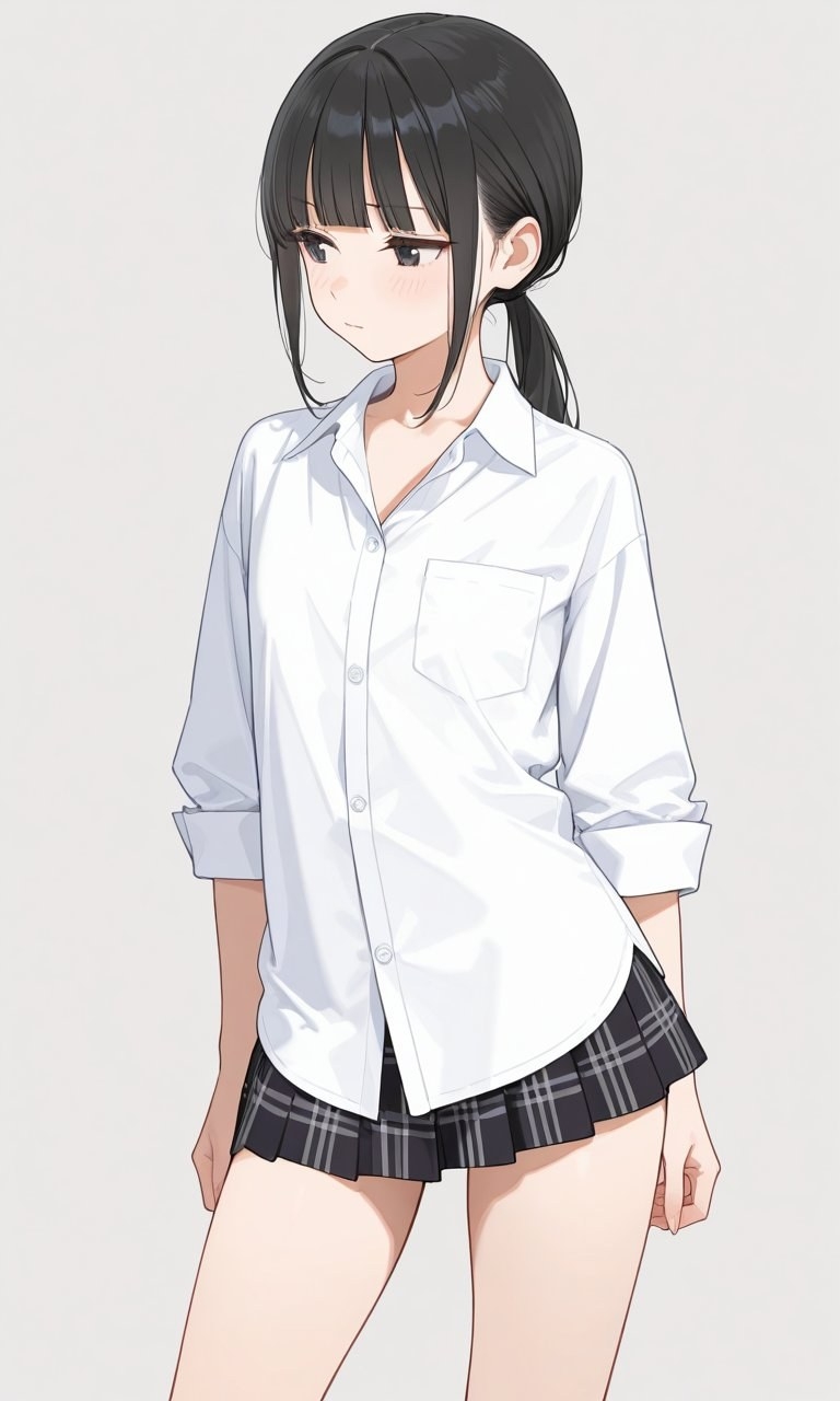 Una chica de cabello negro con una coleta baja vestida con una camisa blanca y una falda corta a cuadros negra