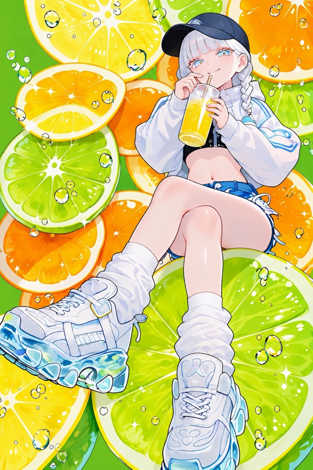 Anime-Mädchen mit silbernen Zöpfen in weißer Jacke und blauen Shorts sitzt zwischen Obst und trinkt