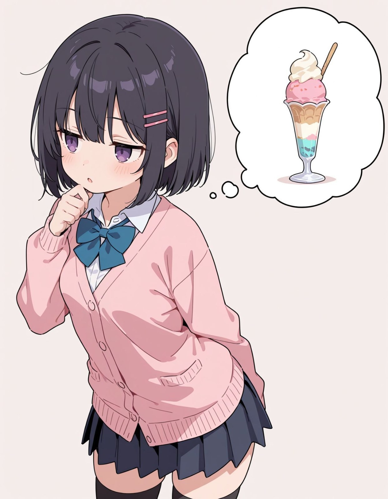 Black-haired purple-eyed girl wearing pink cardigan, white shirt, blue bow, dark pleated skirt, black over-knee socks