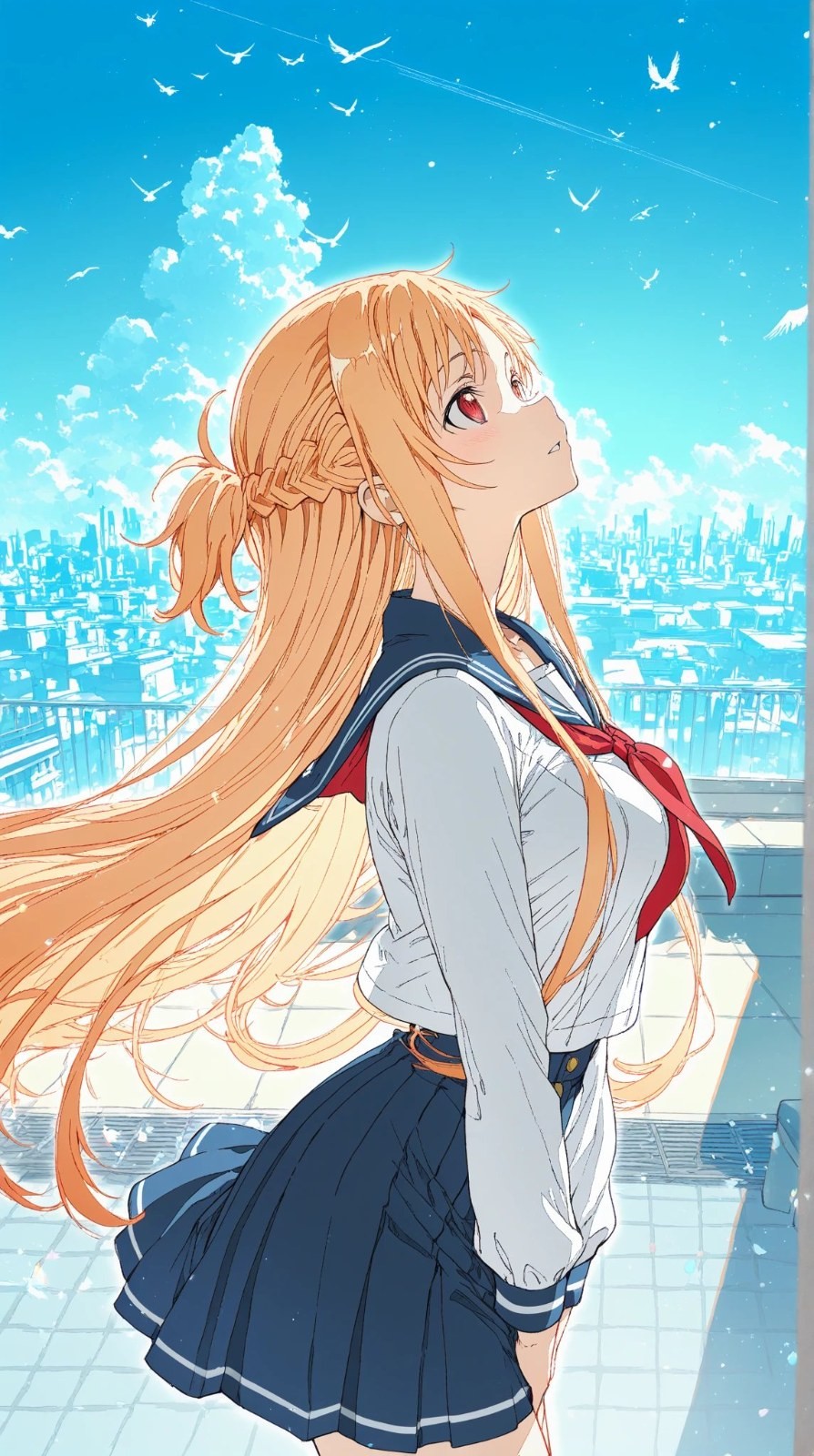Jeune fille blonde en uniforme marin bleu et blanc regarde le ciel sur le toit