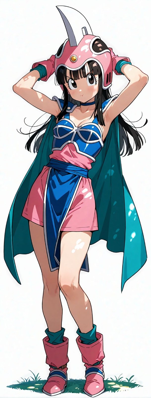 Uma jovem usa um vestido de armadura azul e rosa com uma capa verde
