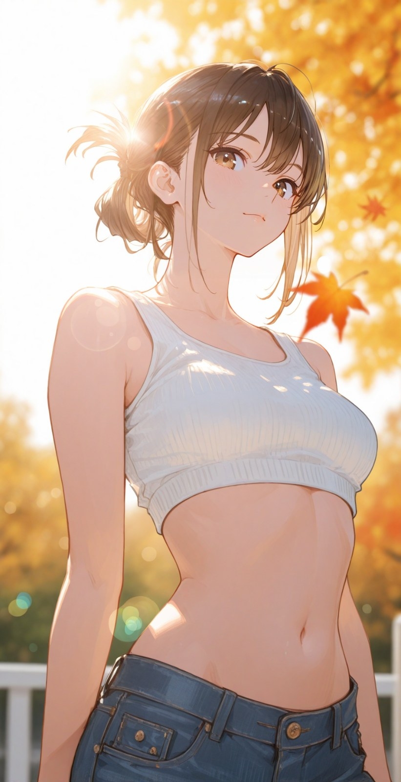 Une fille au style anime avec des cheveux châtains porte un débardeur blanc et un jean bleu
