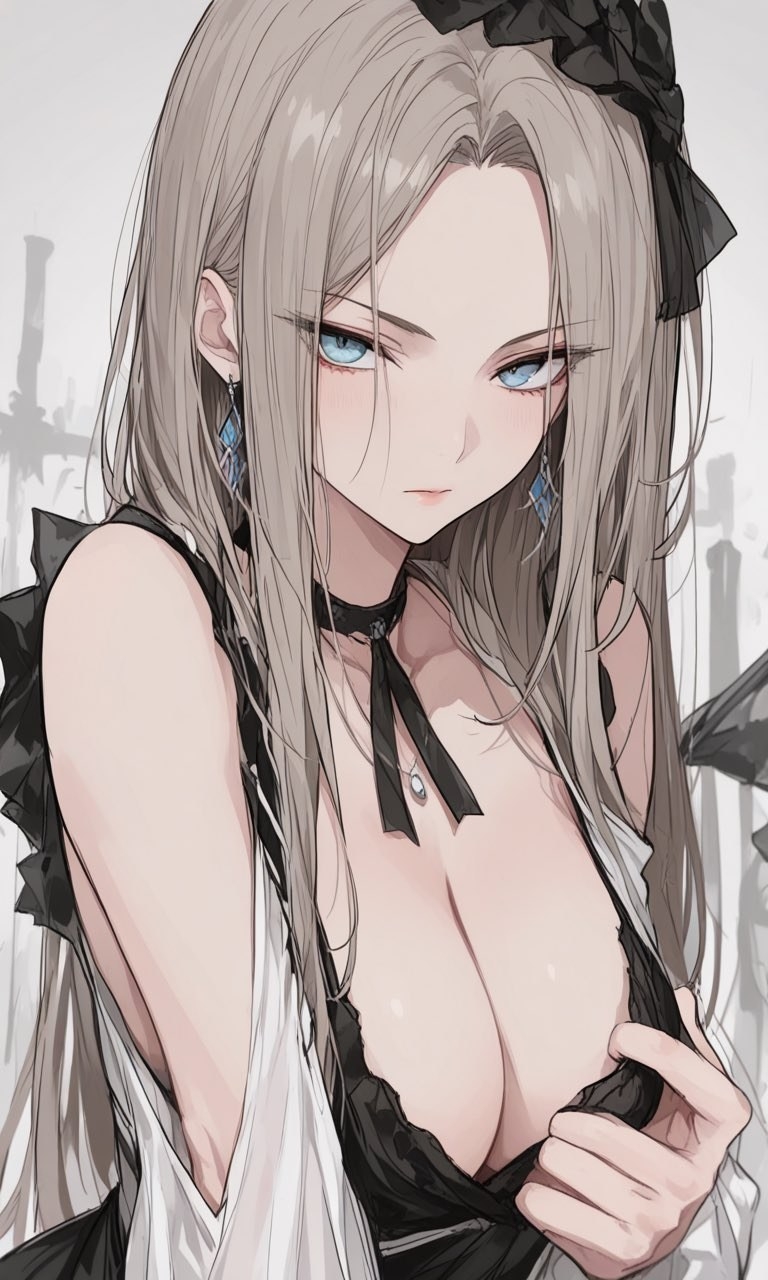 Mujer anime con vestido gótico blanco y negro y lazo negro