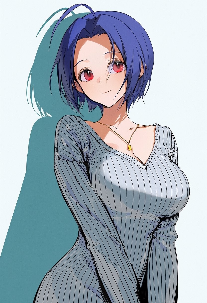 Personnage anime aux cheveux bleus en robe rayée grise et collier doré
