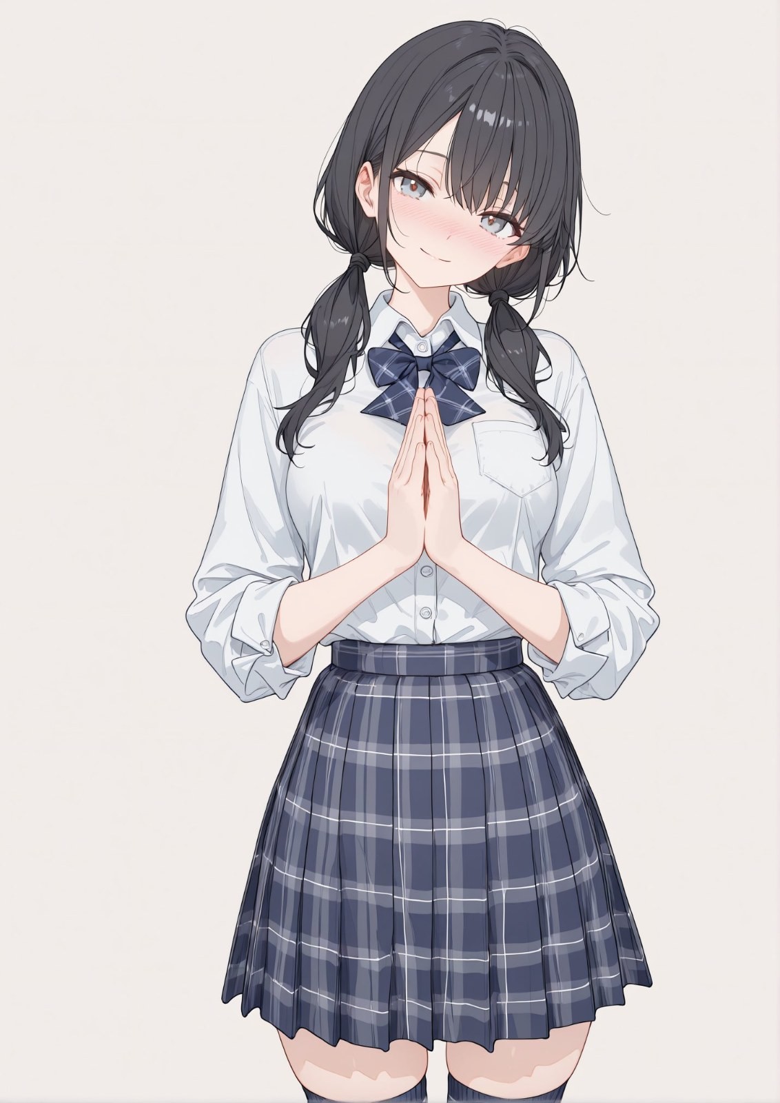 Una chica de anime lleva una camisa blanca y una falda plisada de cuadros azul oscuro