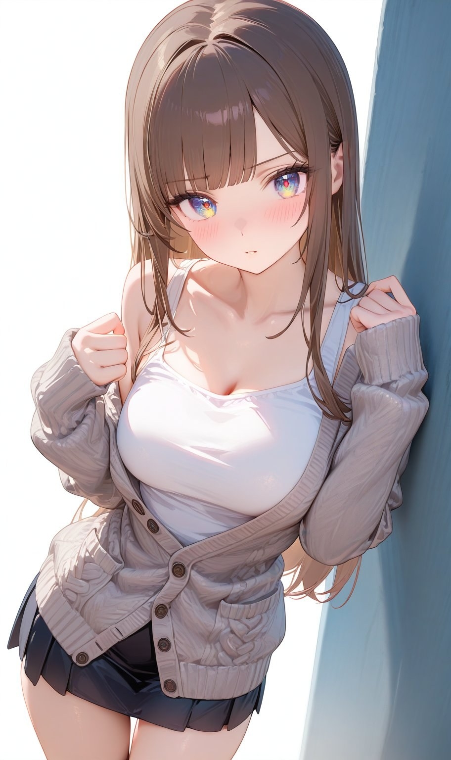 An anime girl with brown bangs leans against a blue wall