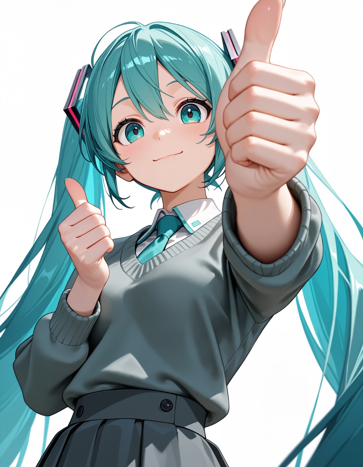 A girl with teal twin tails wearing a gray sweater and pleated skirt exudes a confident smile
