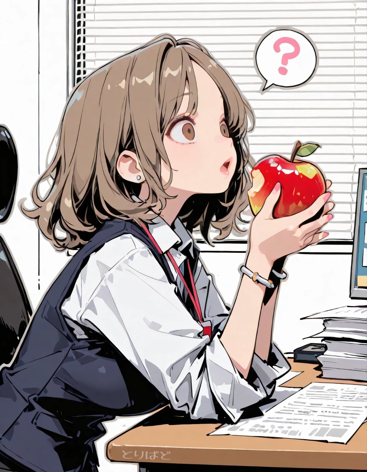 肩までの茶色の髪を持つ女性がデスクに座り、赤いリンゴを持って疑問の表情を見せている
