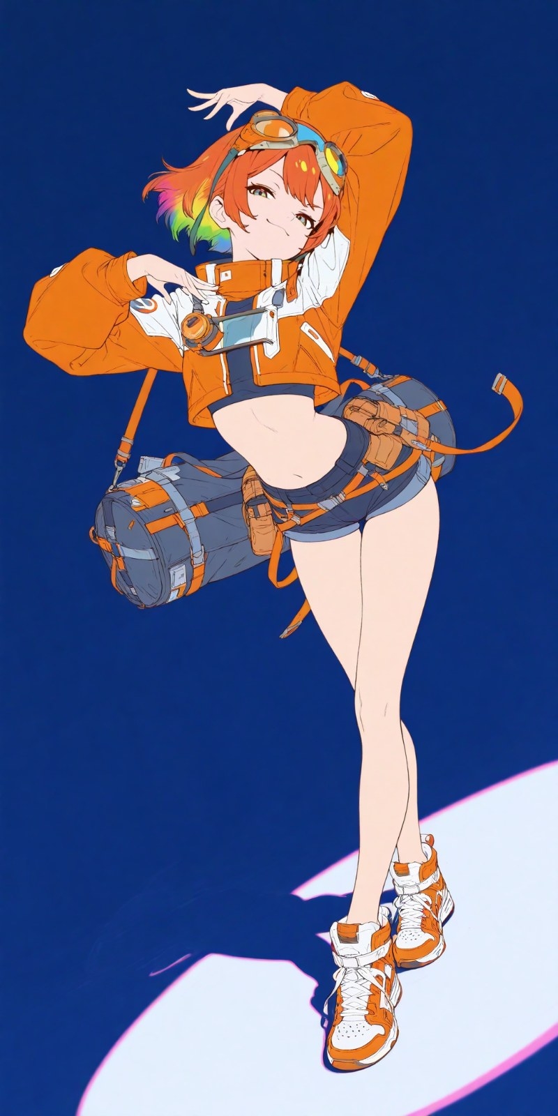 Femme aux cheveux courts roux orangé aux pointes arc-en-ciel porte une veste orange et blanche, un short et des baskets en pose fluide