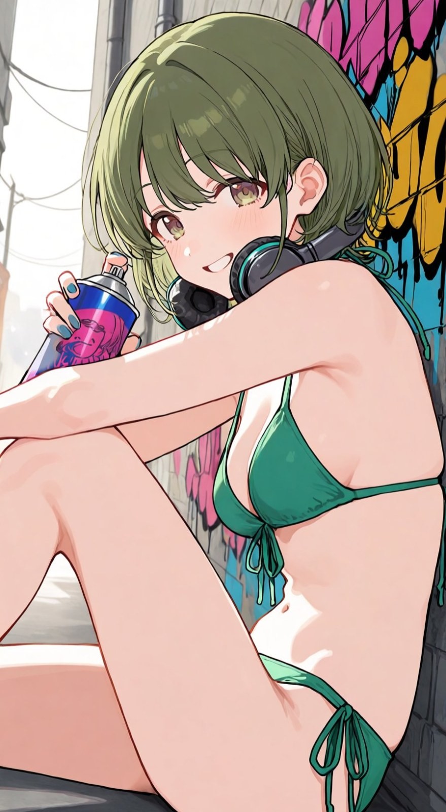 绿发少女穿深绿比基尼蹲在涂鸦墙前微笑