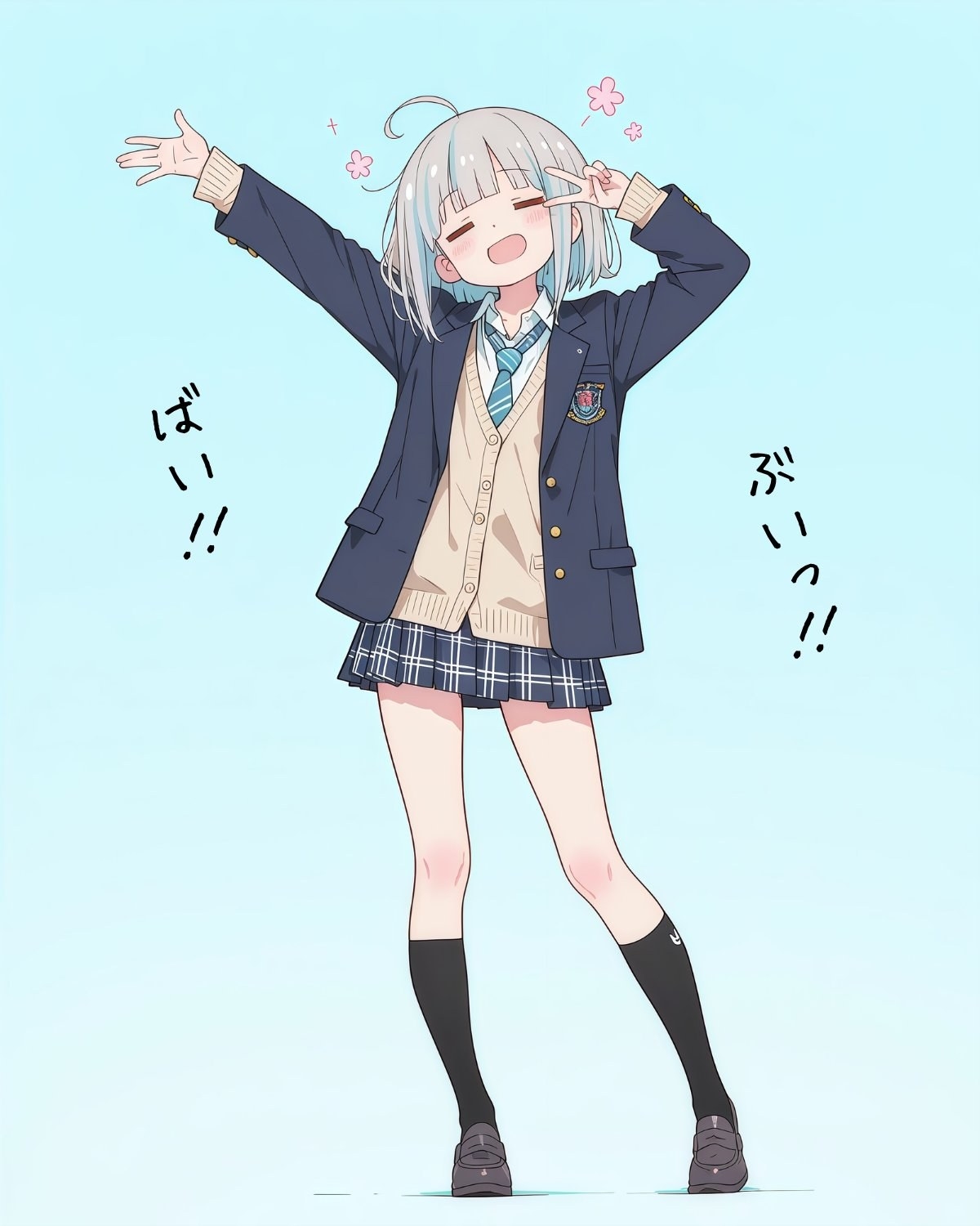 A girl with light short hair in a dark blue school uniform and plaid skirt is smiling and showing a V sign