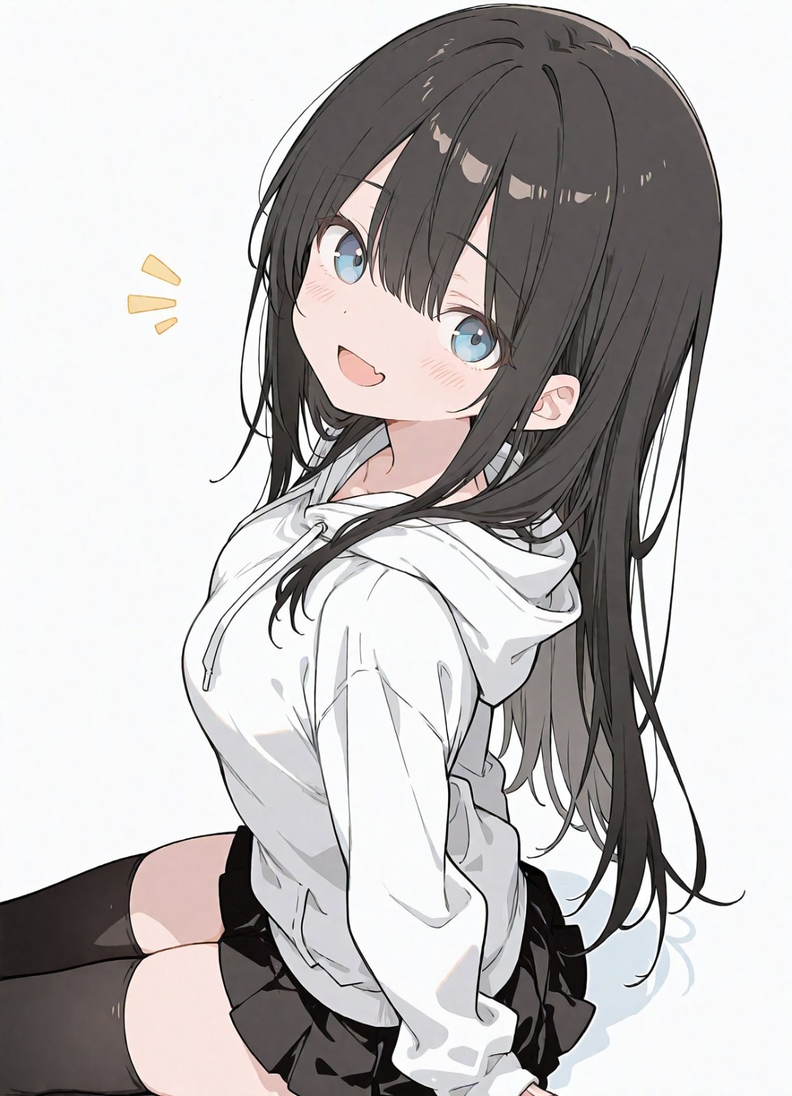 黑髮藍眼動漫少女穿白色衛衣黑短裙側身跪坐回望