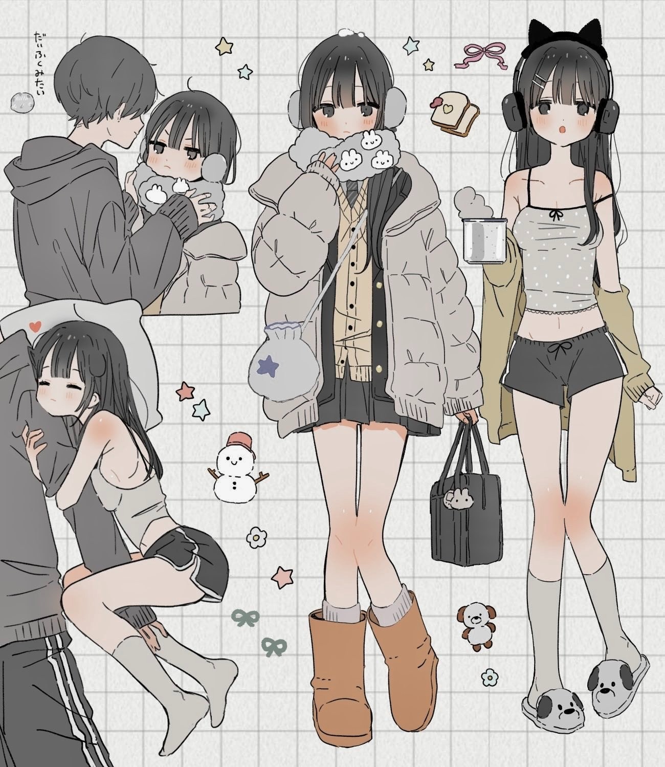 日系插畫中多組人物冬裝與可愛裝扮