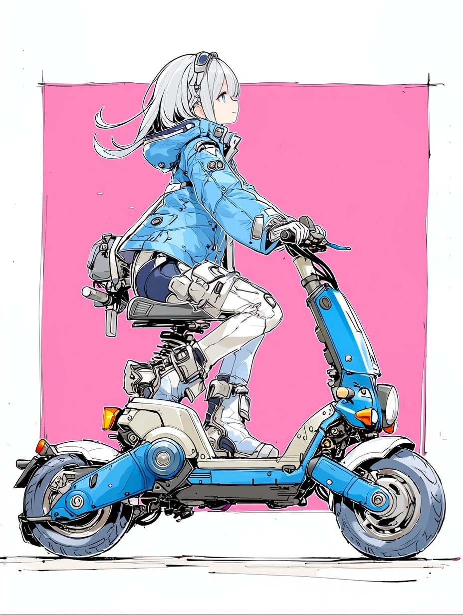 Chica de pelo plateado monta scooter mecánico azul y blanco con chaqueta azul y pantalón cargo