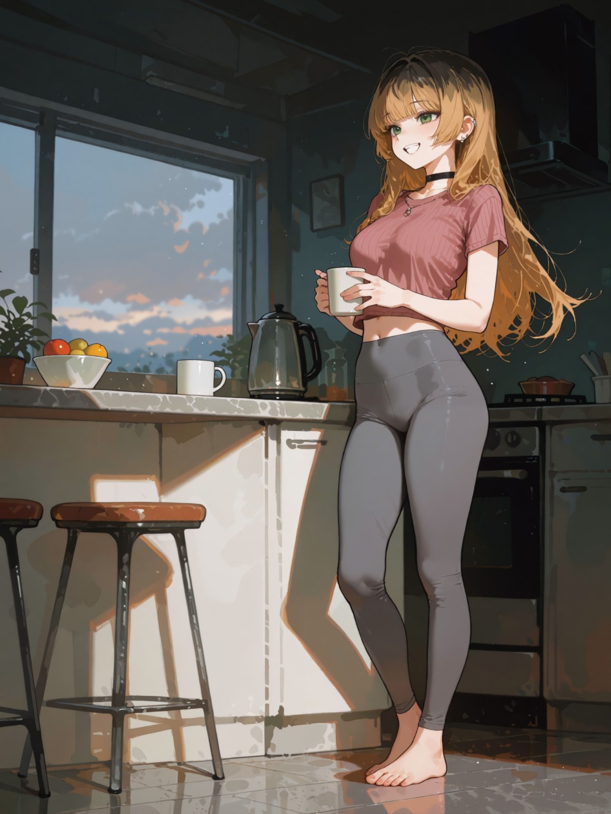 Mujer rubia de ojos verdes con top corto magenta y leggings grises descalza en cocina
