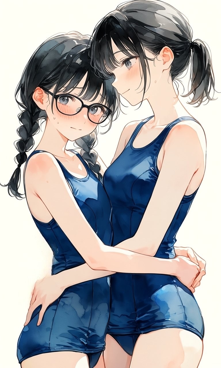 兩位穿靛藍泳衣的少女相擁