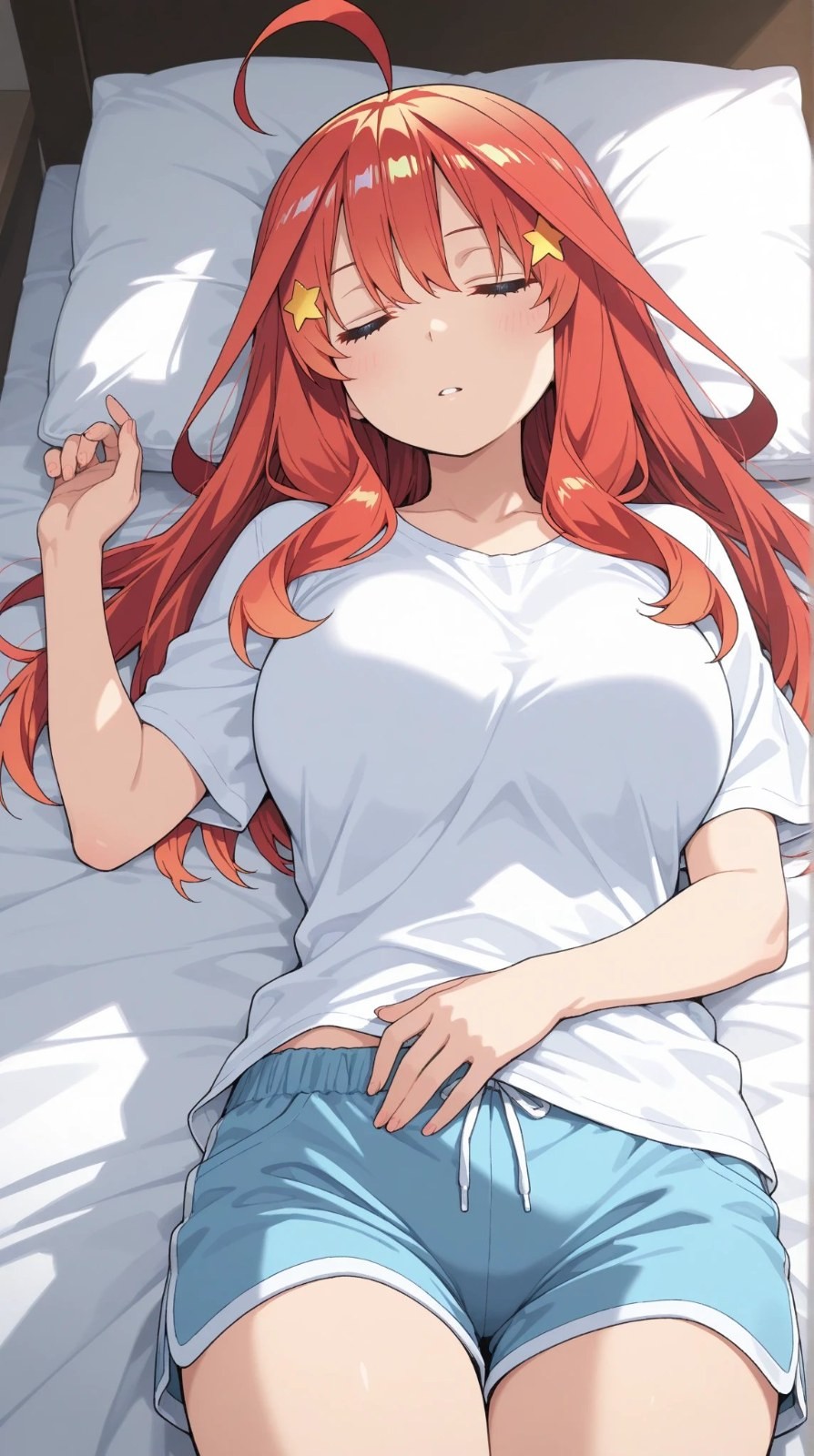 Red-haired girl in white T-shirt and shorts sleeping in bed