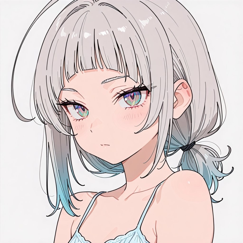 アニメスタイルの女性キャラクター、グレーから青緑へのグラデーションの髪、虹色の目、薄い青のキャミソールを着ている