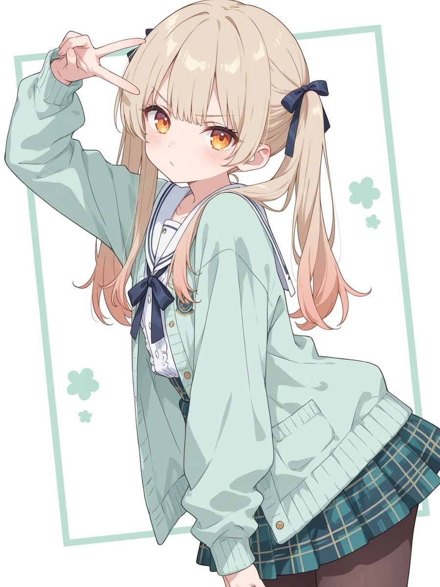 金发少女穿水手服配薄荷绿开衫