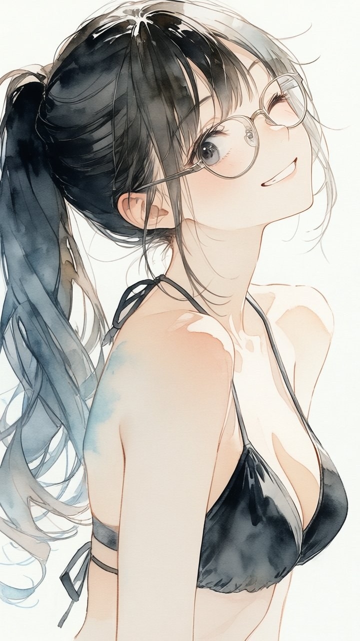 Watercolor illustration of young woman in round glasses with high ponytail wearing black bikini