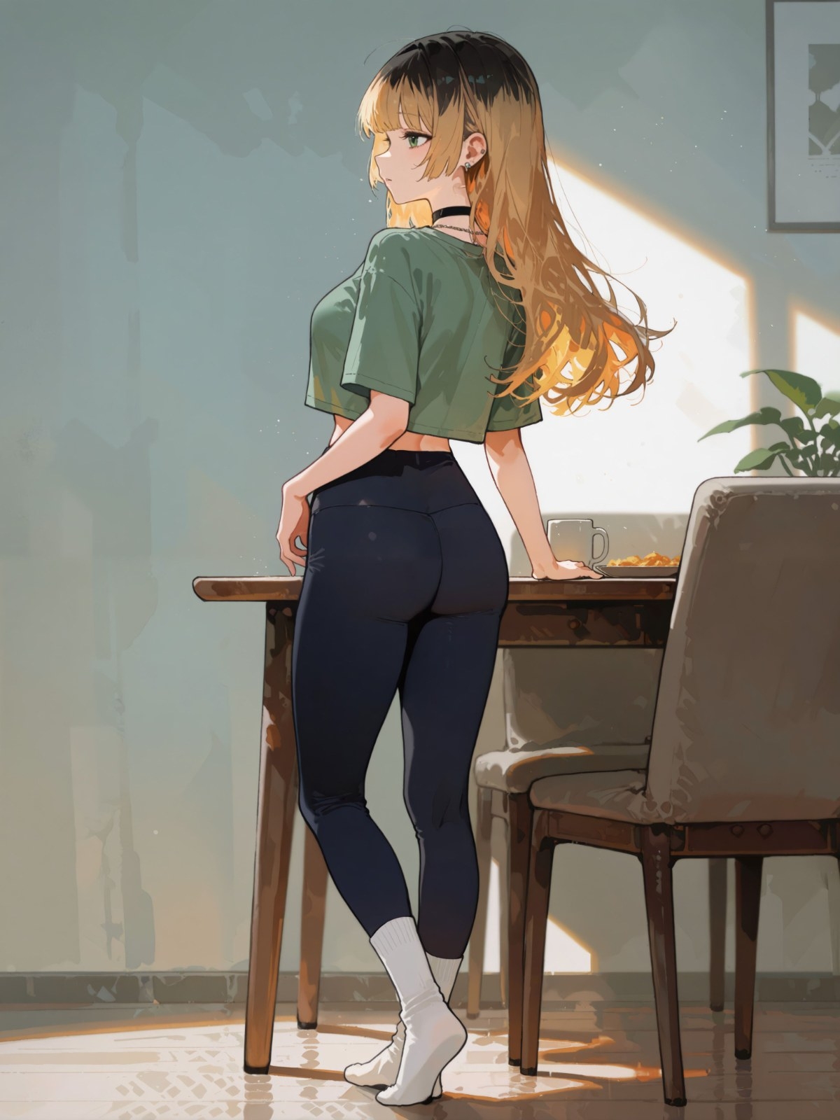 長髪の女性が緑のショートTシャツとダークレギンスで振り返る