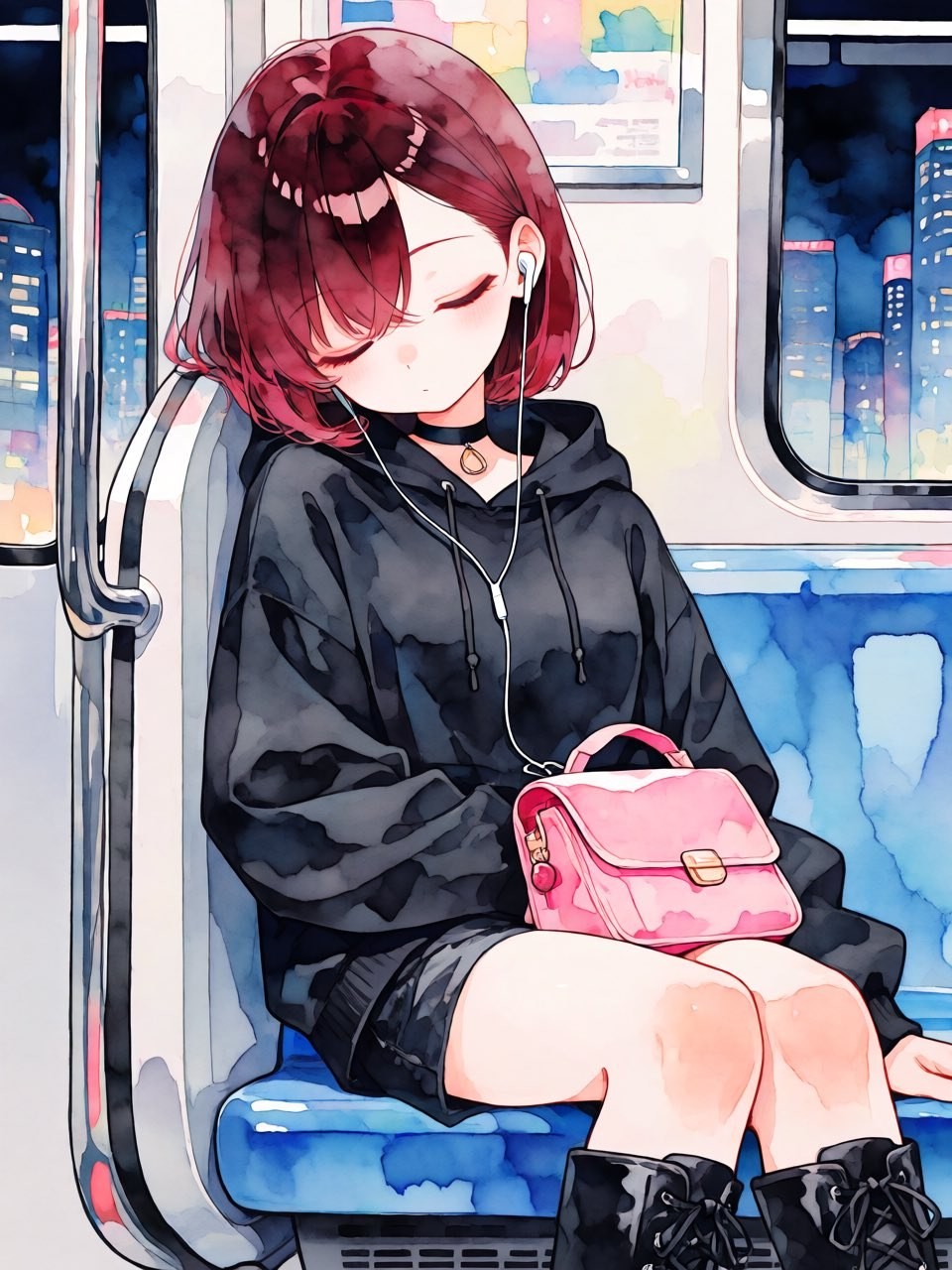 紅棕色短髮少女穿黑衛衣在地鐵小憩