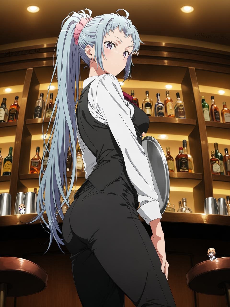 Femme anime aux yeux violets en chemise blanche gilet noir et nœud rouge tenant un plateau dans un bar