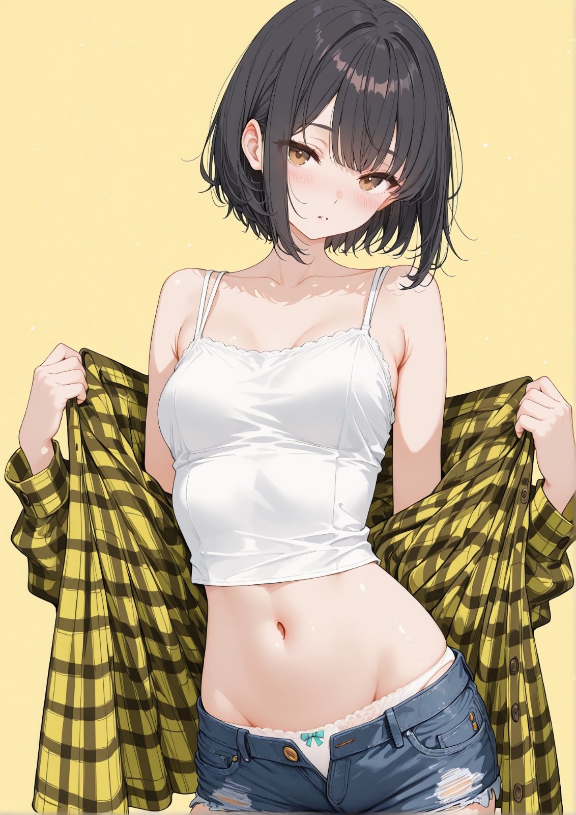 黑色短髮二次元少女著白色露臍吊帶同藍色破洞牛仔短褲，拉開黃黑格紋襯衫露出腰肢同內褲蕾絲邊