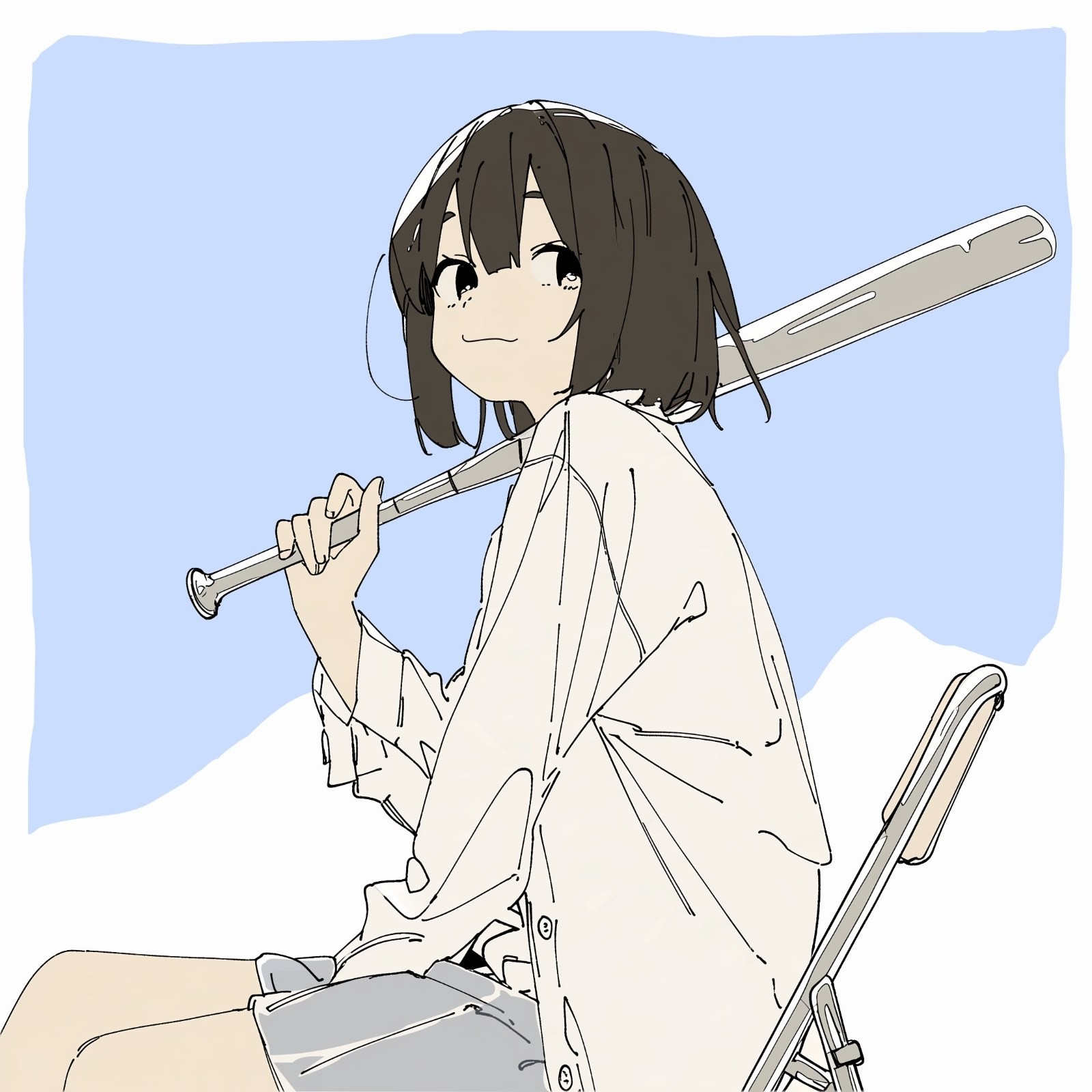 A black-haired anime girl sits on a folding chair smiling while looking at the camera