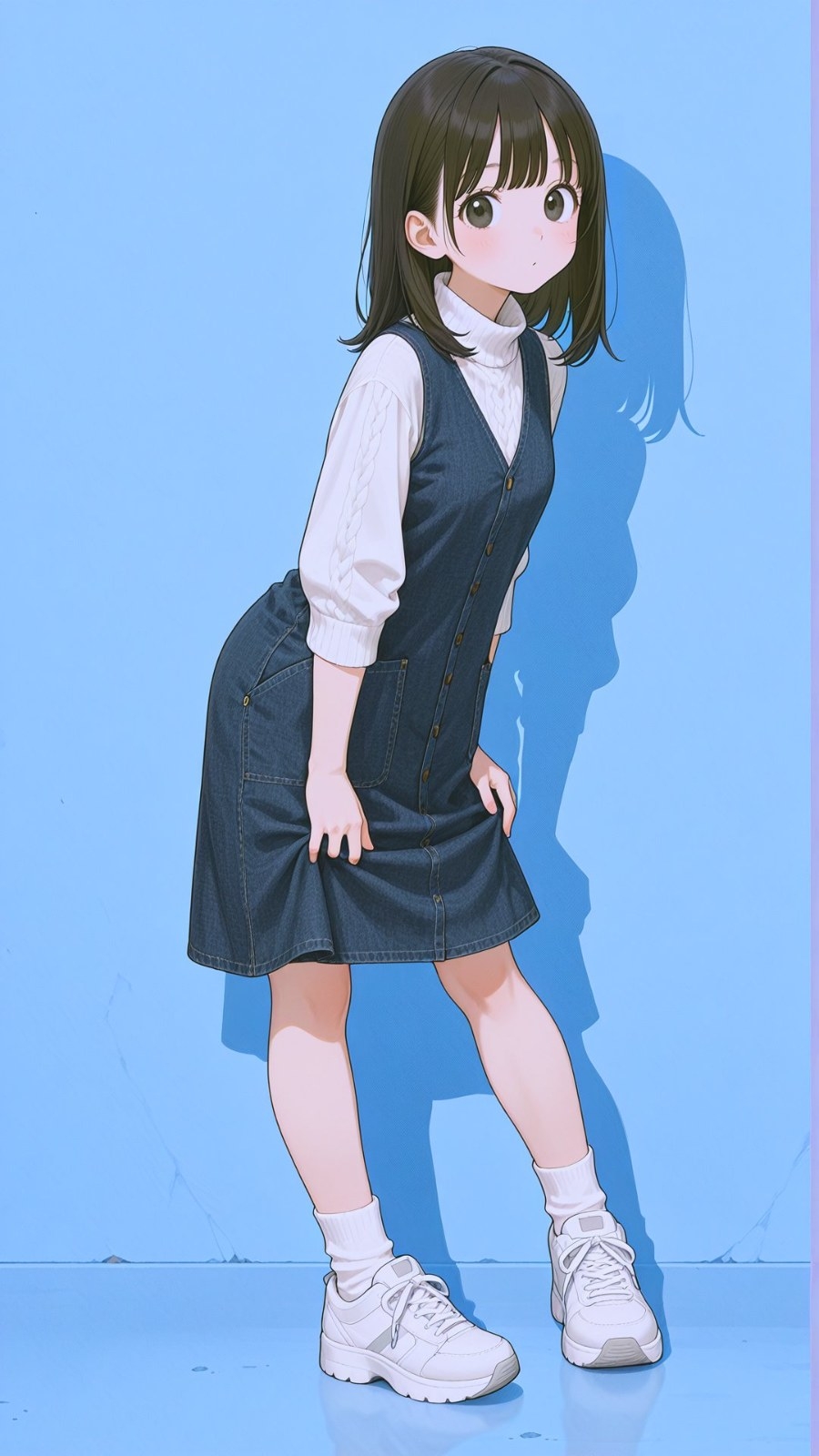 Jeune fille anime aux cheveux noirs en pull col roulé blanc et robe chasuble en jean bleu marine avec baskets à plateforme