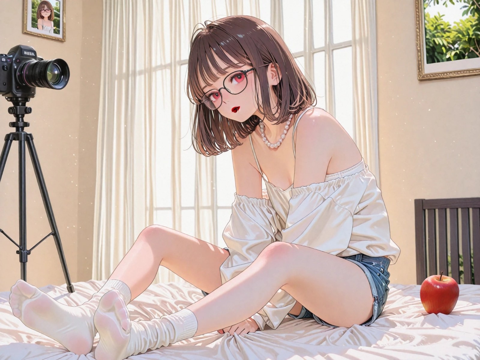 Brown-haired girl in off-white off-shoulder top and denim shorts sitting on bed