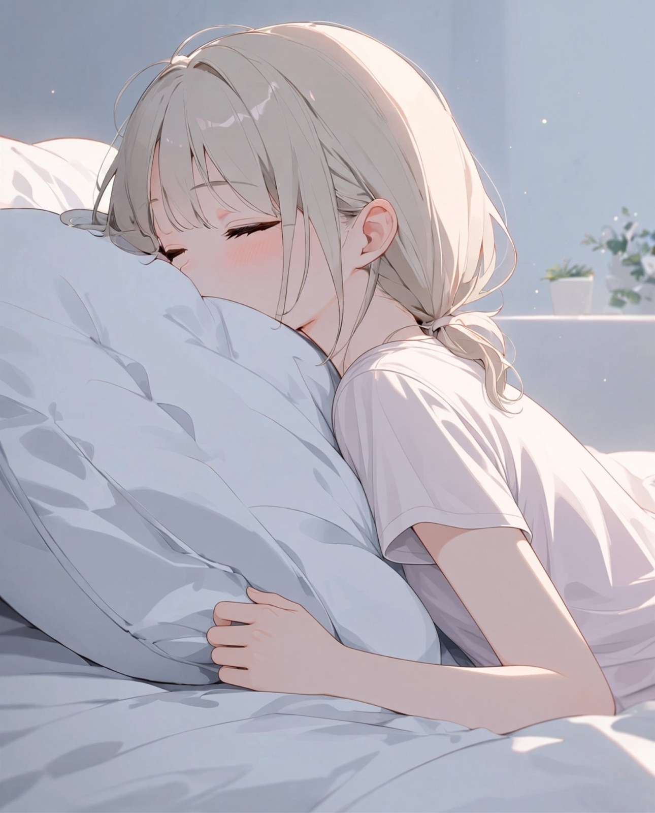 银发少女在清晨阳光中侧卧安睡